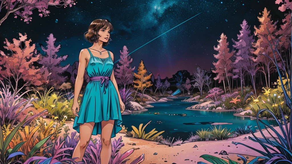 A photorealistic cute, slender aerobics instructor with very short brown hair, very short brown hair, very short brown hair, very short brown hair, brown eyes, and dimples, standing confidently in a fantastical landscape. She's wearing a flowing, elegant gown that complements her figure. The background features floating islands covered in bioluminescent plants, cascading waterfalls of rainbow colors, and giant crystalline structures that refract light. Vibrant colors include deep purples, electric blues, neon pinks, and shimmering golds. The lighting is ethereal, with a soft glow emanating from the plants and crystals. Broad strokes of bright, contrasting colors sweep across the sky, reminiscent of an abstract painting - vibrant oranges, lime greens, and vivid magentas create a striking contrast against the fantastical elements.