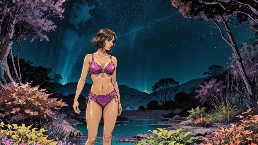 A photorealistic cute, slender aerobics instructor with very short brown hair, very short brown hair, very short brown hair, very short brown hair, brown eyes, and dimples, standing confidently in a fantastical landscape. She's wearing a flowing, elegant gown that complements her figure. The background features floating islands covered in bioluminescent plants, cascading waterfalls of rainbow colors, and giant crystalline structures that refract light. Vibrant colors include deep purples, electric blues, neon pinks, and shimmering golds. The lighting is ethereal, with a soft glow emanating from the plants and crystals. Broad strokes of bright, contrasting colors sweep across the sky, reminiscent of an abstract painting - vibrant oranges, lime greens, and vivid magentas create a striking contrast against the fantastical elements.