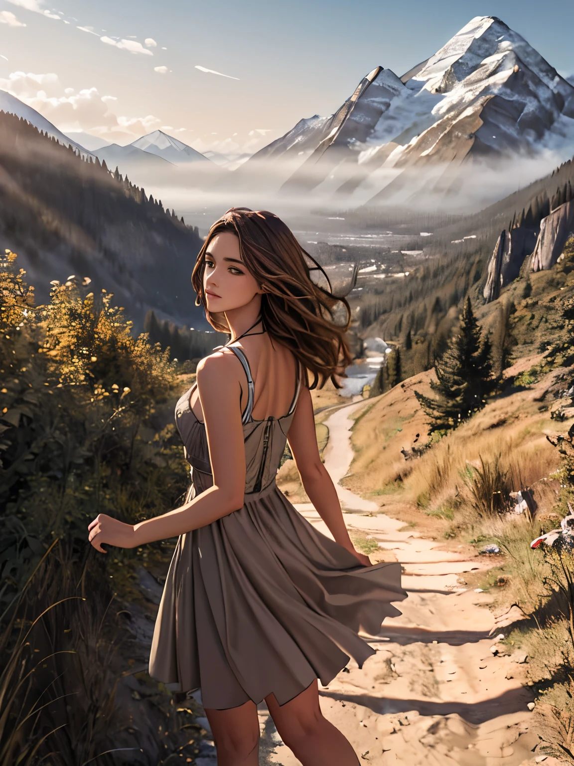 (Highest quality, masterpiece:1.2), Super detailed, Realistic:1.37, High resolution, Detailed Background, Majestic Mountain々Silhouette of a girl walking along a path stretching to the horizon, A person stretching in sunlight from a mountaintop, Beautiful scenery decorated with earth tones, A hopeful and inspiring atmosphere, A gentle and heartwarming portrayal, Delicate depiction of people and emphasis on landscapes.