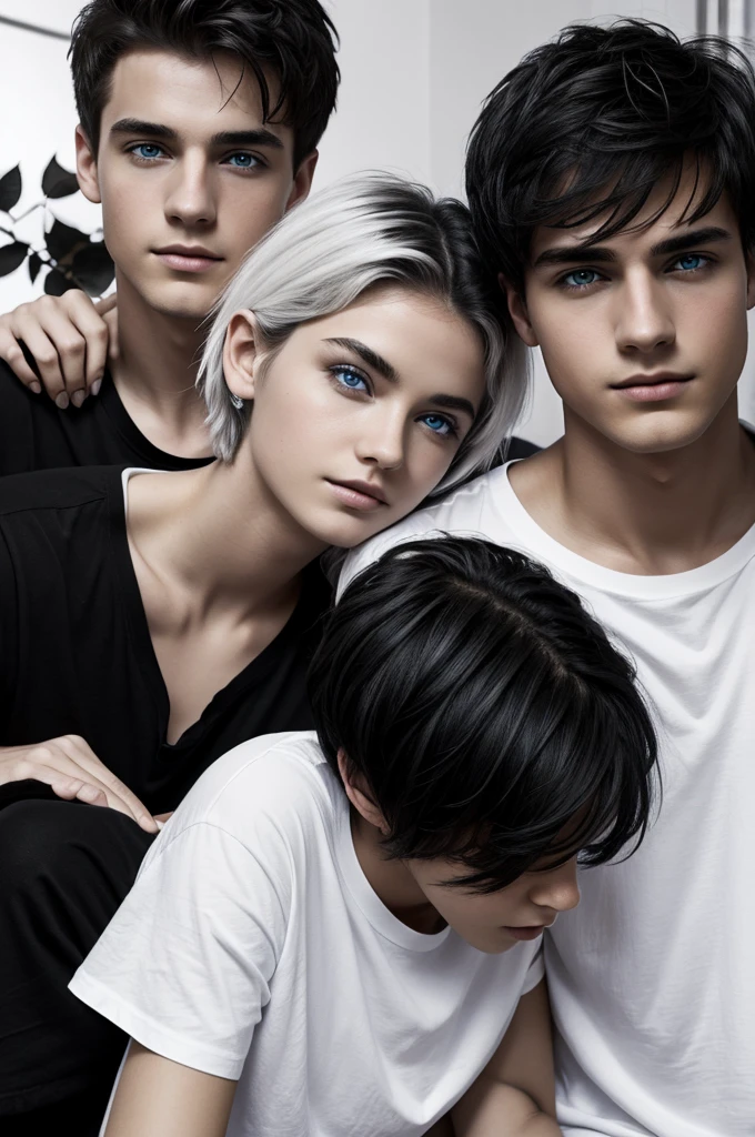 Black and white book cover Young couple in a paradise of black roses Blue-eyed boy,messy white hair and white t-shirt.

short hair girl, brunette and gray eyes 