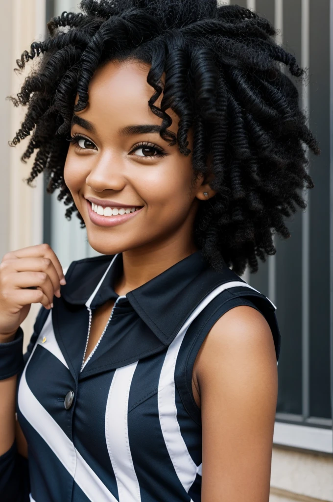 Black curly hair girl wearing my hero academia uniform smiling