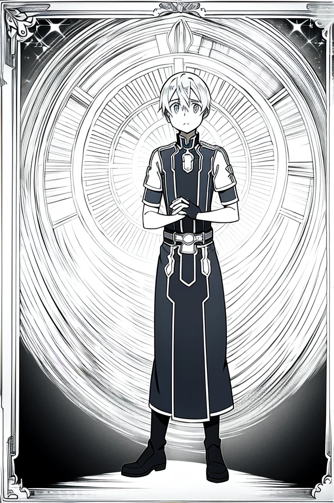eugeo (sword art online), looking at viewer, 1 boy, masterpiece, happy, 4k, black and white, 4k, full body, high quality, sad look, high quality face
