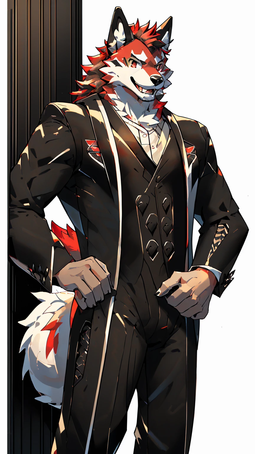 Orange background,high resolution,4K,masterpiece,high quality,35 years old,((Wolfdog)),male,((whole body:1.4,Strike a pose:1.5,Mature:1.3,Smiling face:1.4)),WolfdogFurry,(Uncle figure:1.5,hairy),((Moderate:1.2)),((Strong body:1.5,Long legs:1.3,big ear:1.3,Thick long tail,(((White and black suit 1:3))),(((White hair:1.4,Red hair:1.2,Wild muscles:1.4,Red eyes:1.4,White chest:1.6,White belly:1.6,Red Hand:1.4,Red and white tail:1.3))),Delicate eyes:1.6,Fine details,Detailed body,(Detailed hand details:1.4)
