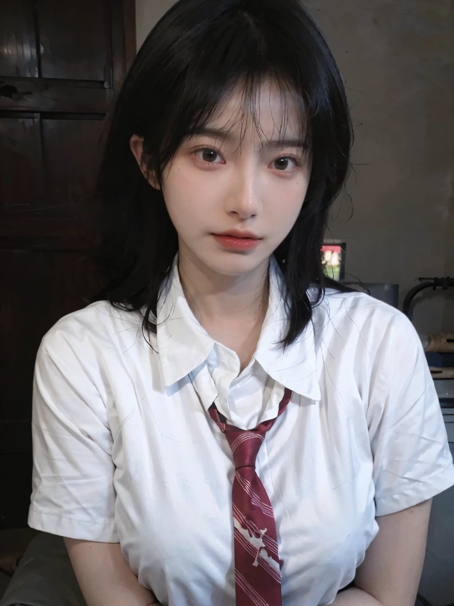 Best quality,masterpiece,ultra high res,(photorealistic:1.4),1girl,sexy,(shirt and tie:1.2),(large breast:1.3),(upper body:1.4)