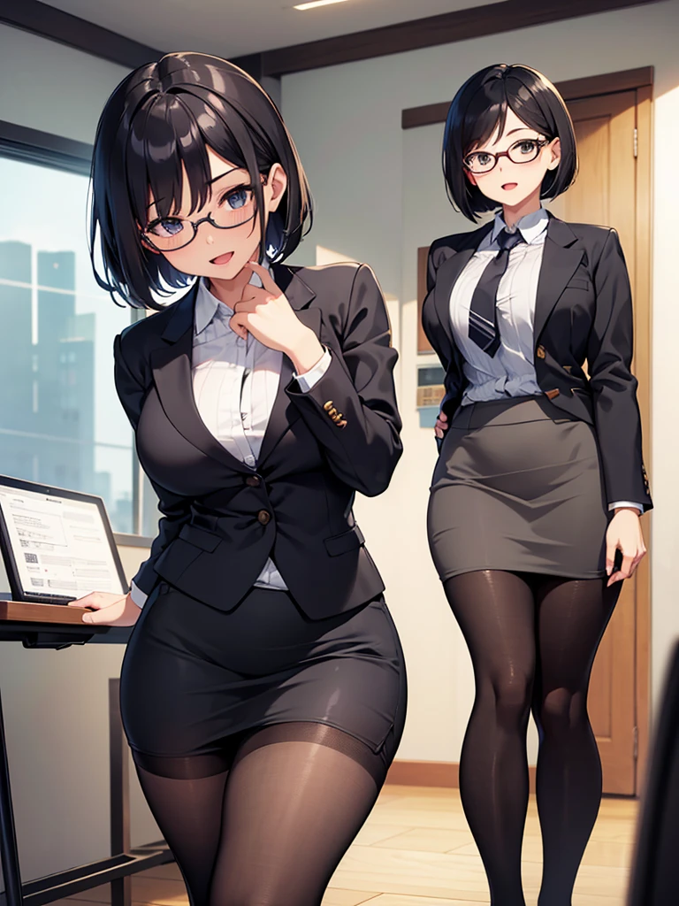 masterpiece, best quality, high definition images, atmospheric perspective, expressive eyes, perfect face, ultra detailed, solo, 1mature seductive woman showing panties on purpose, kind smile, pinup, sexy pose, alluring pose, female teacher, black short bob hair, simple glasses, business suit, jacket, blouse, pencil skirt, tight mini skirt, lifting skirt, open legs, black panties, curvy, thighs, pantyhose, high heals, open mouth, in study room,