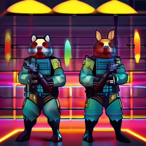 ASCIImasterpiece cartoon of two (((cyberpunk))) cute capybaras with guns, bionic (prosthetic arm), glowing red eyes, ((futuristic, dystopian, neon colours)), symmetrical, highly detailed, digital painting, artstation, concept art, sharp focus, illustration, volumetric lighting, epic Composition, 8k, oil painting, cgsociety