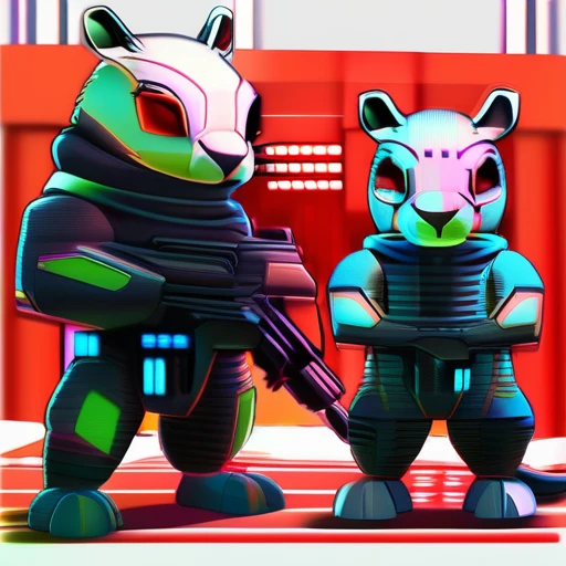 ASCIImasterpiece cartoon of two (((cyberpunk))) cute capybaras  with guns, bionic (prosthetic arm), glowing red eyes, ((futuristic, dystopian, neon colours)), symmetrical, highly detailed, digital painting, artstation, concept art, sharp focus, illustration, volumetric lighting, epic Composition, 8k, oil painting, cgsociety