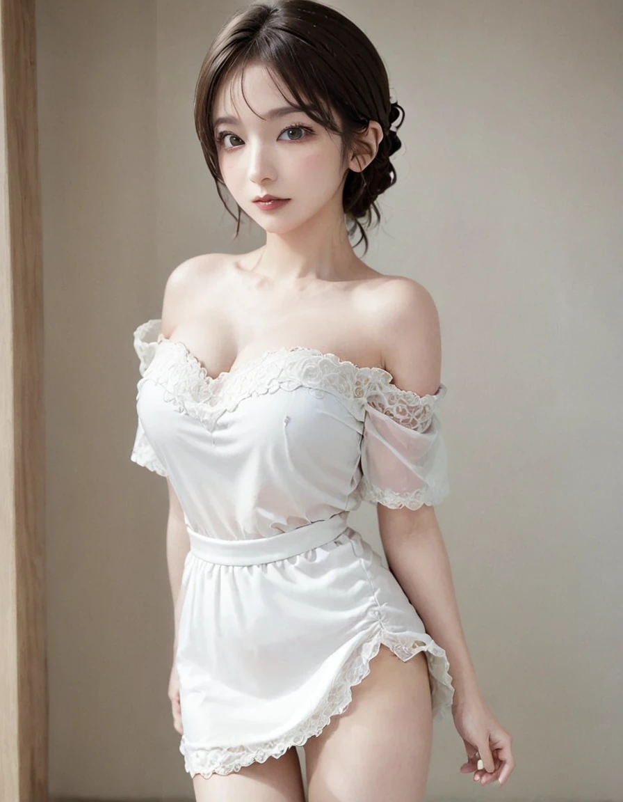 1girl, off-the-shoulder wedding dress, mini skirt, voluptuous body, flashy makeup, wide-eyed