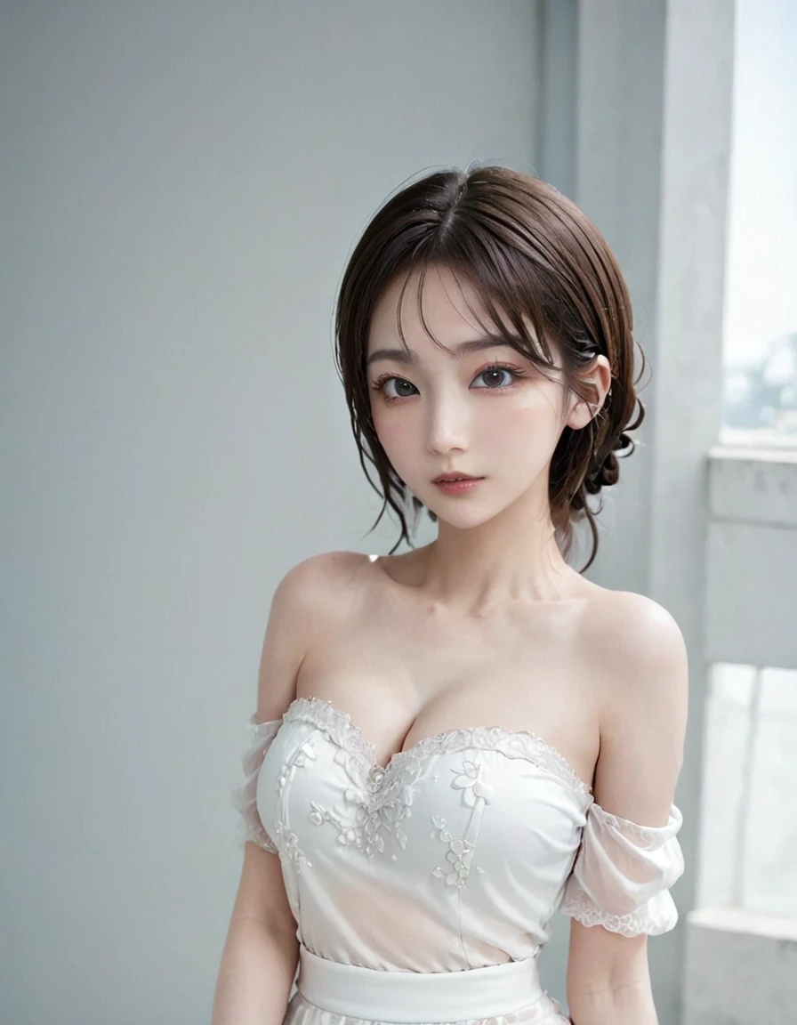 1girl, off-the-shoulder wedding dress, mini skirt, voluptuous body, flashy makeup, wide-eyed
