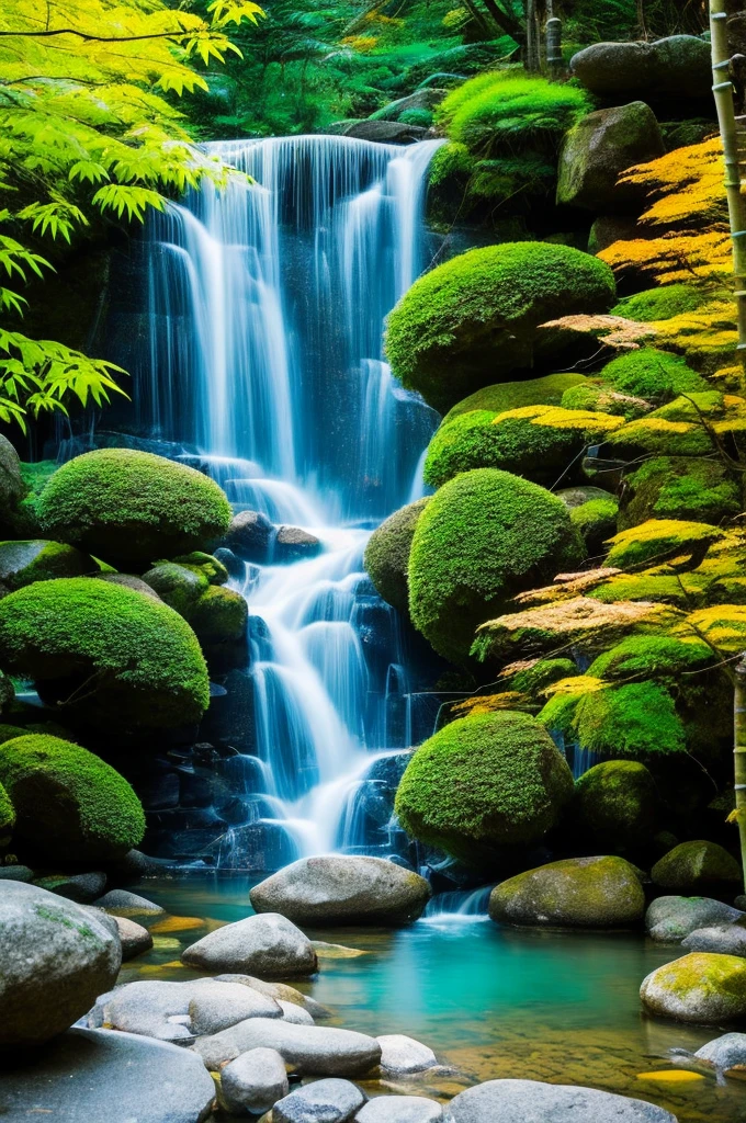 In the heart of a sacred mountain, rests a Japanese mystical zen garden. An ancient temple, shrouded in mist, crown the top of the mountain, radiating a serene and spiritual aura. The gentle wind whispers through the bamboos, who sway gracefully, while enchanted chimes resound with ethereal melodies, harmonizing with nature. A crystal clear lake, inhabited by colorful carp, reflects the serenity of the environment. A pure, crystal-clear stream of water runs smoothly, feeding a small island in the center of the lake, where a majestic maple tree stands, its red leaves shining like jewels in the dim daylight.

a zen master, with a long beard and deep gaze, handles a rake with graceful movements, creating hypnotic patterns in the sand of the construction site, symbolizing the fluidity of the universe. Near the island, um shishi odoshi, an ingenious bamboo structure, beat rhythmically, echoing as a reminder of the fleeting time and impermanence of life. The small waterfall beside the lake sings its constant melody, providing a natural soundtrack to the scene.

High above, The sky is gray and charged, with storm clouds approaching on the horizon. Lightning occasionally illuminates the shadows, and the distant sound of thunder reverberates across the mountains, as if the gods were whispering ancient secrets. The mystical energy of the place is palpable, and every element seems to be in perfect sync, creating a feeling of deep, contemplative peace, inviting everyone who arrives there to an inner journey of reflection and spiritual enlightenment.