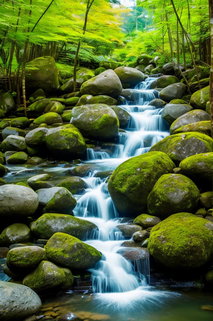 In the heart of a sacred mountain, rests a Japanese mystical zen garden. An ancient temple, shrouded in mist, crown the top of the mountain, radiating a serene and spiritual aura. The gentle wind whispers through the bamboos, who sway gracefully, while enchanted chimes resound with ethereal melodies, harmonizing with nature. A crystal clear lake, inhabited by colorful carp, reflects the serenity of the environment. A pure, crystal-clear stream of water runs smoothly, feeding a small island in the center of the lake, where a majestic maple tree stands, its red leaves shining like jewels in the dim daylight.
a zen master, with a long beard and deep gaze, handles a rake with graceful movements, creating hypnotic patterns in the sand of the construction site, symbolizing the fluidity of the universe. Near the island, um shishi odoshi, an ingenious bamboo structure, beat rhythmically, echoing as a reminder of the fleeting time and impermanence of life. The small waterfall beside the lake sings its constant melody, providing a natural soundtrack to the scene.
High above, The sky is gray and charged, with storm clouds approaching on the horizon. Lightning occasionally illuminates the shadows, and the distant sound of thunder reverberates across the mountains, as if the gods were whispering ancient secrets. The mystical energy of the place is palpable, and every element seems to be in perfect sync, creating a feeling of deep, contemplative peace, inviting everyone who arrives there to an inner journey of reflection and spiritual enlightenment.