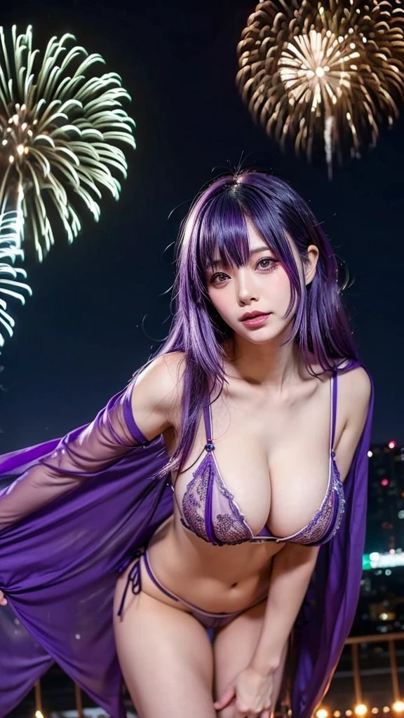 See-through micro bikini、Transparent nipples、Big Tits、See-through underwear、Fireworks display、Leaning forward、Purple Hair