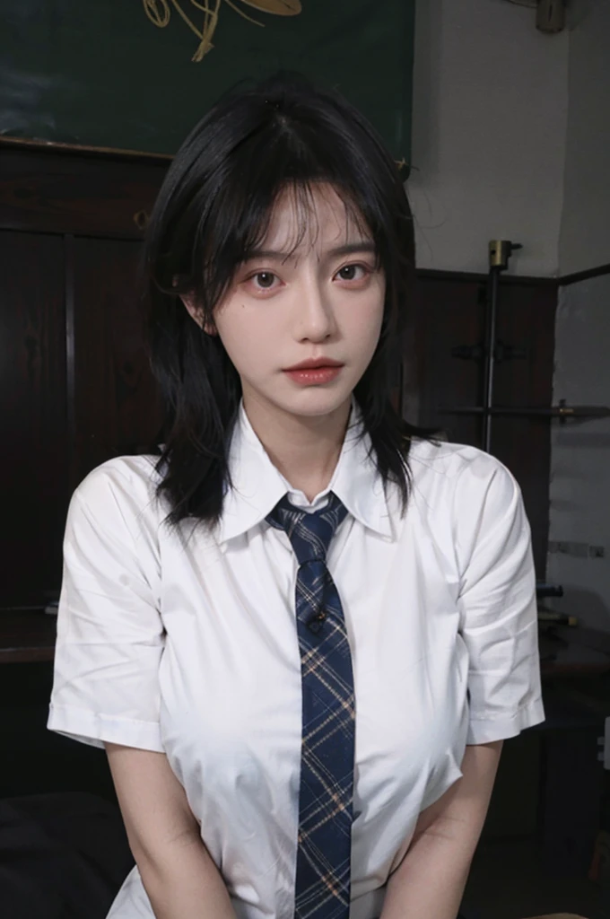 Best quality,masterpiece,ultra high res,(photorealistic:1.4),1girl,sexy,(shirt and tie:1.2),(large breast:1.3),(upper body:1.4)