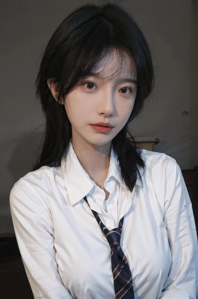 Best quality,masterpiece,ultra high res,(photorealistic:1.4),1girl,sexy,(shirt and tie:1.2),(large breast:1.3),(upper body:1.4)