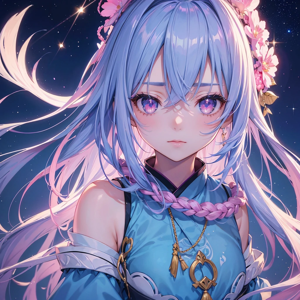 Sky blue braid hair,Pink Eyes,Fair skin ,(whole body),(One girl),Hanfu,Tanabata,(The beautiful, sparkling Milky Way in the night sky),Lonely Eyes,,(masterpiece, Highest quality, Very detailed, Best Shadow), (Detailed Background), (Beautifully detailed face), High Contrast, (Best lighting, Very delicate and beautiful), ((Cinematic Light)), colorful, Hyper Detail, Dramatic Light, Intricate details,