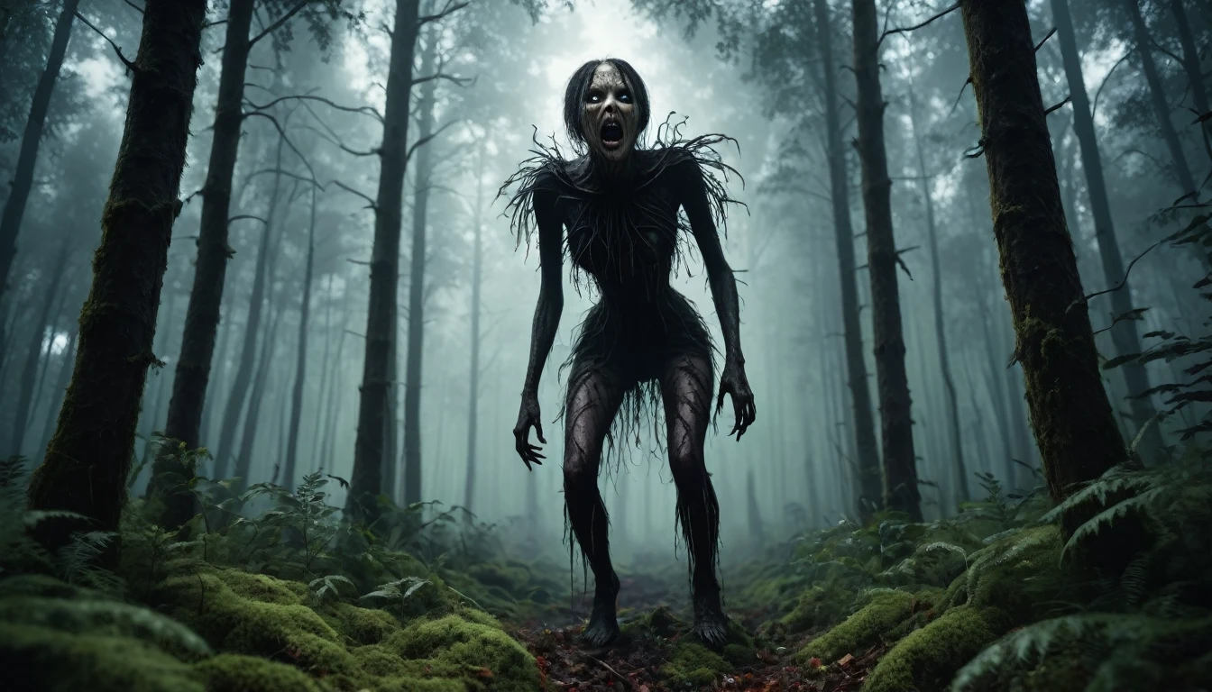 A Scary horror image standing in the forest, PICTURE REALISTIC, high resolution, 8K