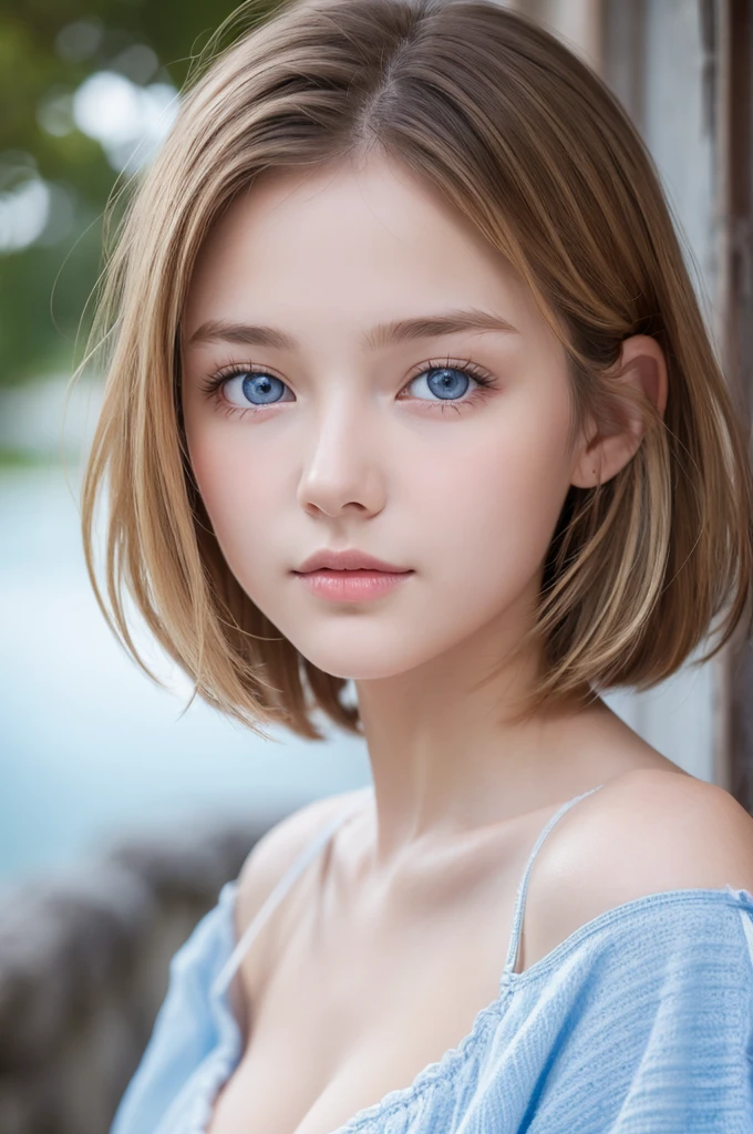 Bright expression、Photorealism、Highest quality、Ultra-high resolution、The most beautiful Scandinavian girls photos、Cute and beautiful face details、Small face、、Big Breasts、thin、、Translucent white skin、Big bright blue eyes、Short Bob、Cowboy Shot