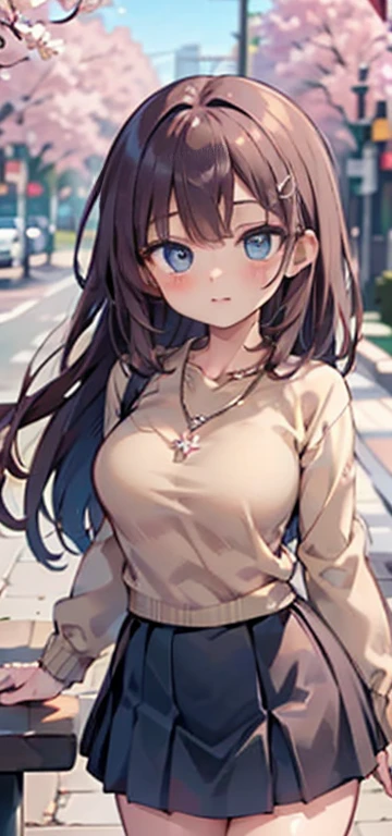 ((table top, highest quallity, high resolution, nffsw, pixel perfect, Written limit depth, 4K, nffsw, nffsw))), 1 girl, Solteiro, standing alone, cute anime girl, beautiful art style, anime character, ((long hair, bangss, chestnut hair)), ((greeneyes:1.4, round eyes, Beautiful eyelashes, realisitic eyes)), ((face detailed, blush:1.2)), ((smooth texture:0.75, realisitic texture:0.65, realisitic:1.1, anime CG style)), dynamic angle, ((brown sweater, longsleeve, Black Skirt, plaid hip skirt, chic, 1 diamond necklace)), ssmile, amusement park, ((Cherry blossoms, Cherry blossomsの花が散る))