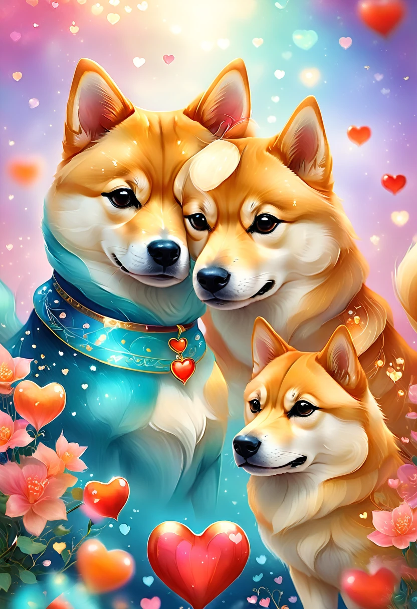 "best qualityer, high resolution, portraite:1.2, realisitic, shiba inu, Two dogs, detailedeyes, loving expressions, Heart illustration, magical romantic atmosphere, bright coloured, bokeh"