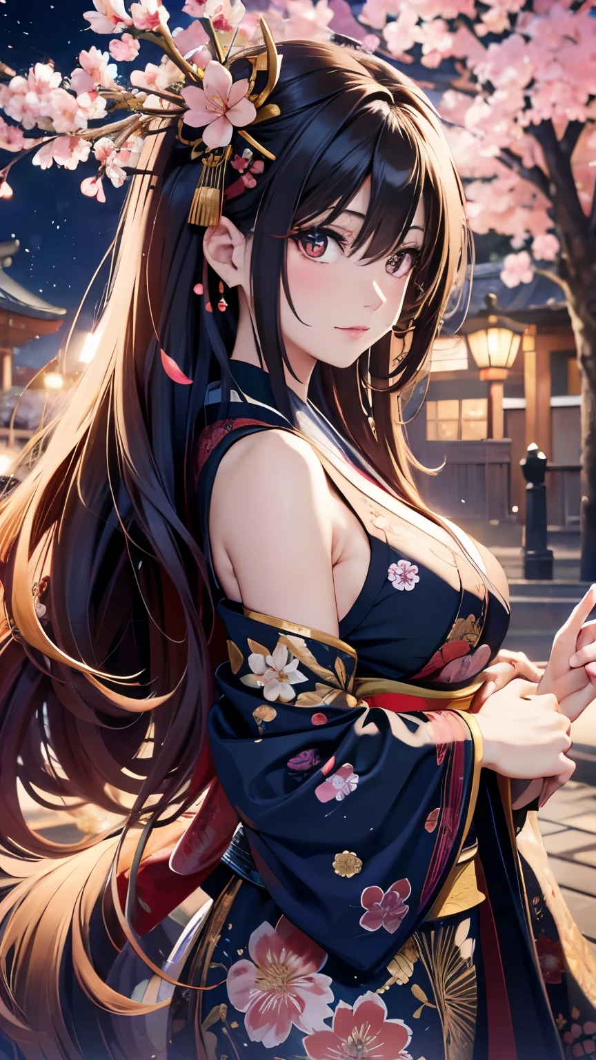 Highest quality, Super quality, 16K, Incredibly absurd, Very detailed, delicate and dynamic, SFW, Natural light, Fine particles reflect rainbow colors, Diffuse reflection of light, Vortex of Light, たくさんのcherry blossoms色の花びらが舞い降りる, Kyoto, Gion, night, Crescent Moon, Peacock, Create amazing image effects, Upper body close-up, (, cute sexy girl, big busts, Sensual expression, peacefulness, Elegant, Charm, lure, geisha, hair ornaments, cherry blossoms, Flower storm, black long hair, Japanese traditional kimono, Tifa Lockhart Final Fantasy VII)