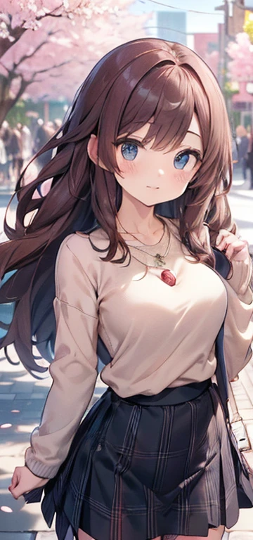 ((table top, highest quallity, high resolution, nffsw, pixel perfect, Written limit depth, 4K, nffsw, nffsw))), 1 girl, Solteiro, standing alone, cute anime girl, beautiful art style, anime character, ((long hair, bangss, chestnut hair)), ((greeneyes:1.4, round eyes, Beautiful eyelashes, realisitic eyes)), ((face detailed, blush:1.2)), ((smooth texture:0.75, realisitic texture:0.65, realisitic:1.1, anime CG style)), dynamic angle, ((brown sweater, longsleeve, Black Skirt, plaid hip skirt, chic, 1 diamond necklace)), ssmile, amusement park, ((Cherry blossoms, Cherry blossomsの花が散る))