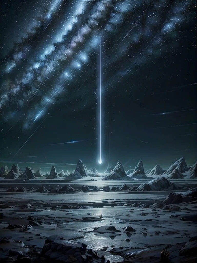 Expansive Sky: Showcase the vastness of the night sky, allowing the stars and shooting stars to occupy a significant portion of the composition., Dynamic Shooting Stars: Capture the movement and energy of the shooting stars as they streak across the sky, creating a sense of motion and wonder., Serene Landscape: Consider adding a tranquil landscape, such as distant mountains or a calm body of water, to enhance the sense of peace and serenity.
