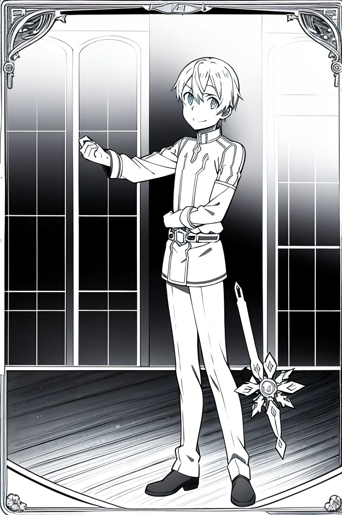 eugeo (sword art online), looking at viewer, 1 boy, masterpiece, happy, 4k, black and white, 4k, full body, high quality, sad look, high quality face, smiling