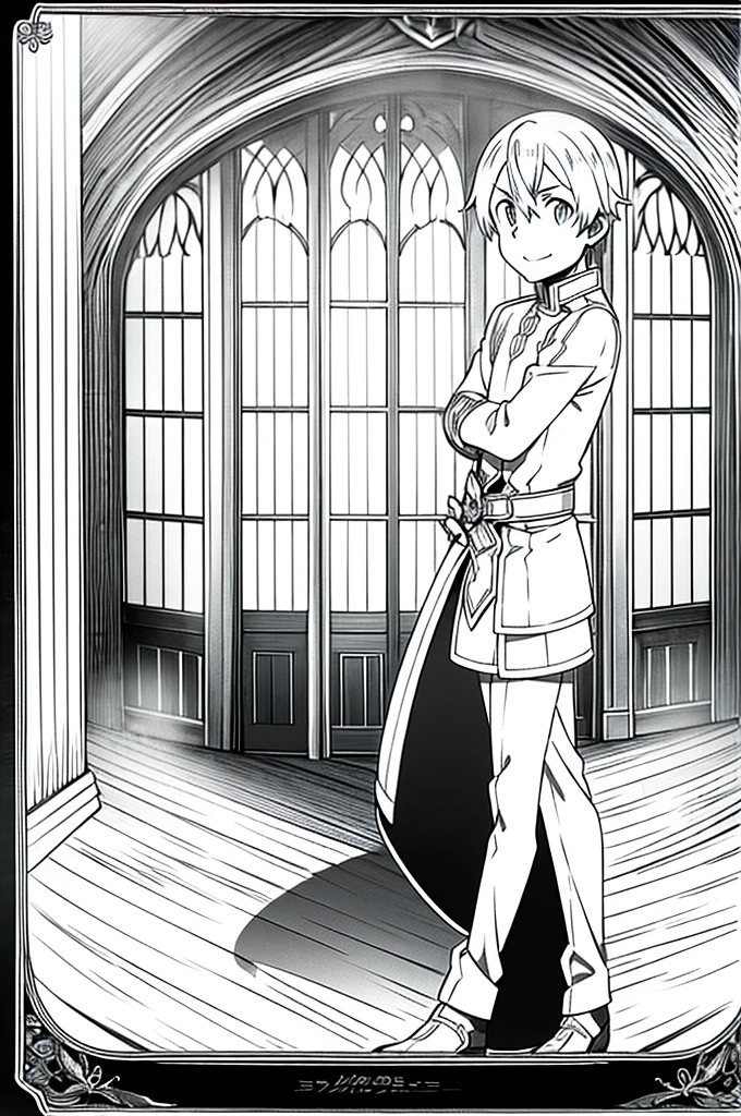 eugeo (sword art online), looking at viewer, 1 boy, masterpiece, happy, 4k, black and white, 4k, full body, high quality, sad look, high quality face, smiling