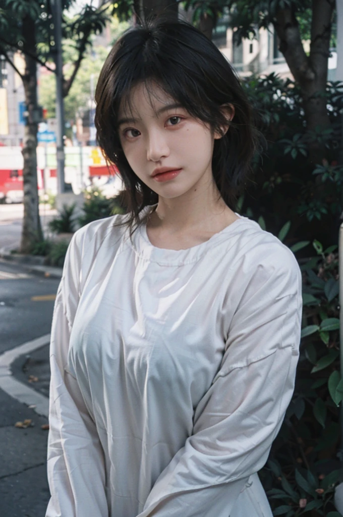 (Skin details:1.4), (smooth skin textures:1.3), Lipstick, background, earrings, Serene, calm, (Realistic and detailed eyes:1.2), (Large Breasts:1.3),Natural skin texture, Realistic facial details, Soft dramatic lighting, Vivid details, 35 mm film, outdoor, (Photo Practical:1.4), (hyper Practical:1.4), (Practical:1.3), (Smoother lighting:1.05), (Improve lighting quality:0.9), (Highest quality real skin textures:1.4), Exquisite eyes, Delicate face, Close-up of face, (Enhance the beauty of skin texture:1.1), Hair details, Model,normal body ratio, short hair, Moles under the eyes, Park background,Portrait Photography, Depth of Field, bokeh, Surrealism, Ray Tracing, (Portrait Photography:1.1), Surrealism, High Detail, clair obscur, Ray Tracing, reflected light, ultra HD, ultra HD, masterpiece, Textured Skin, Super Detail, High Detail, high quality, best quality