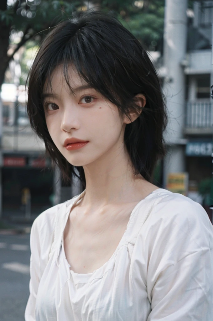(Skin details:1.4), (smooth skin textures:1.3), Lipstick, background, earrings, Serene, calm, (Realistic and detailed eyes:1.2), (Large Breasts:1.3),Natural skin texture, Realistic facial details, Soft dramatic lighting, Vivid details, 35 mm film, outdoor, (Photo Practical:1.4), (hyper Practical:1.4), (Practical:1.3), (Smoother lighting:1.05), (Improve lighting quality:0.9), (Highest quality real skin textures:1.4), Exquisite eyes, Delicate face, Close-up of face, (Enhance the beauty of skin texture:1.1), Hair details, Model,normal body ratio, short hair, Moles under the eyes, Park background,Portrait Photography, Depth of Field, bokeh, Surrealism, Ray Tracing, (Portrait Photography:1.1), Surrealism, High Detail, clair obscur, Ray Tracing, reflected light, ultra HD, ultra HD, masterpiece, Textured Skin, Super Detail, High Detail, high quality, best quality