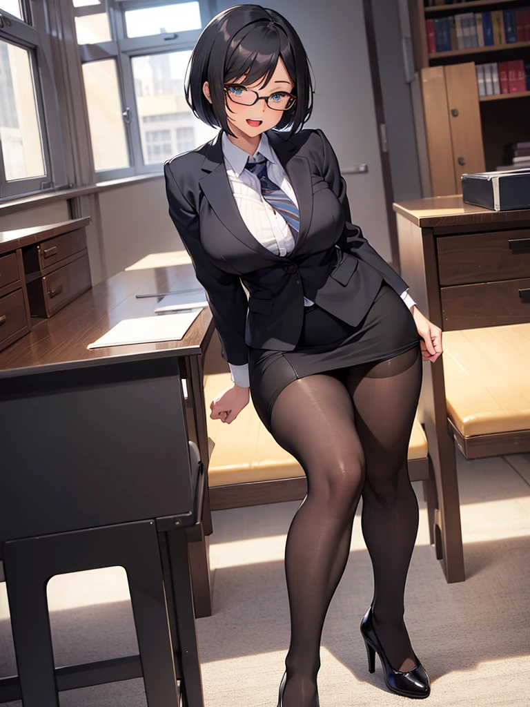 masterpiece, best quality, high definition images, atmospheric perspective, expressive eyes, perfect face, ultra detailed, solo, 1mature seductive woman showing panties on purpose, kind smile, pinup, sexy pose, alluring pose, female teacher, black short bob hair, simple glasses, business suit, jacket, blouse, pencil skirt, tight mini skirt, lifting skirt, open legs, black panties, curvy, thighs, pantyhose, high heals, open mouth, in study room,