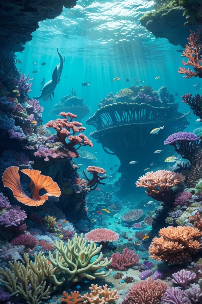 A vibrant and mystical seabed, where mermaids with long shimmering hair and multicolored tails swim gracefully around majestic sharks and giant octopuses with sinuous tentacles. Among colorful coral reefs, shipwrecks covered in algae and coral rest, creating a mysterious environment full of stories. In the center of this underwater setting, a big shiny treasure attracts attention, protected by a sinister skeleton wielding a rusty sword, remaining vigilant against intruders. The environment is illuminated by a soft, magical light that passes through the surface of the water., highlighting the beauty and mysticism of the scenery.