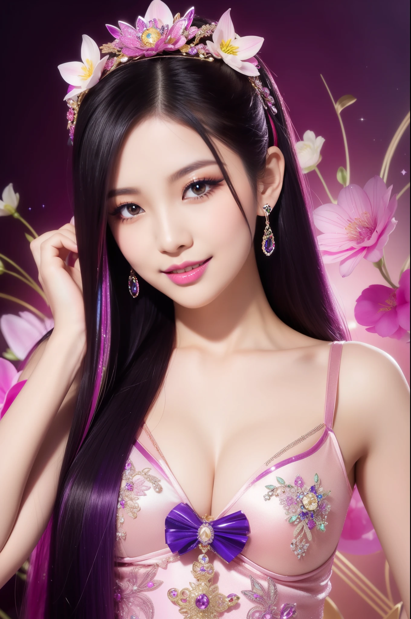 sexy Thai model who controls poison、beautiful smile、lip-gloss、bold lipstick、long lashes、eyeliner、vivid eye-shadow、look at the camera、full body Esbian、、sparkling poisoned flower costume、、、、sparkling Colorful hair、secrete poison、skull hair accessories、sexy tights、shiny sparkling flowers background