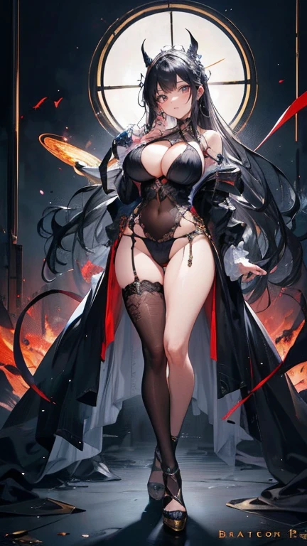 ((work of art, best qualityer)), 精致的面容,Dragon girl,the Kane,gold mine,gold jewelry,DarkKnight,Dark Jewel,all-body,Standing photo,Legs long,breasts big,Gradient Wavy Long Hair,perfect body proportions,beautiful black eyes,extremely pretty,transparentes, fundo branco puro,Big dark day,nube,Sexy lingerie,lace