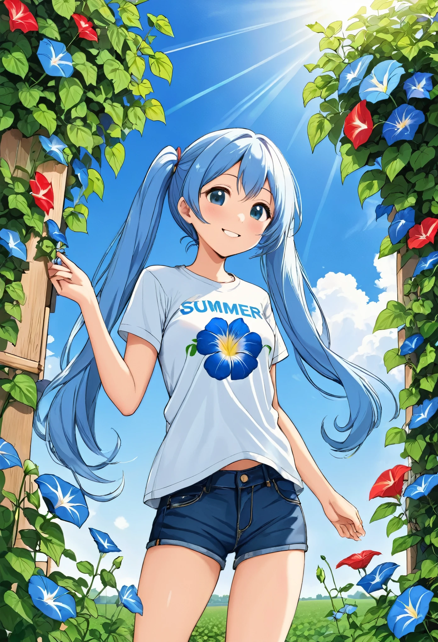 Summer sky　Summer sunshine　A field of morning glories　A continuous hedge of morning glories　wind chimes　Light blue long hair　Beautiful girl with twin tails　T-Shirts　Denim G-Pan　Bright smile　