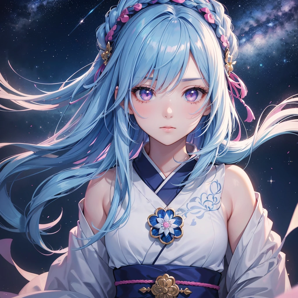 Sky blue hair,braid hair,Pink Eyes,Fair skin ,(whole body),(One girl),Hanfu,Tanabata,(The beautiful, sparkling Milky Way in the night sky),Lonely Eyes,,(masterpiece, Highest quality, Very detailed, Best Shadow), (Detailed Background), (Beautifully detailed face), High Contrast, (Best lighting, Very delicate and beautiful), ((Cinematic Light)), colorful, Hyper Detail, Dramatic Light, Intricate details,