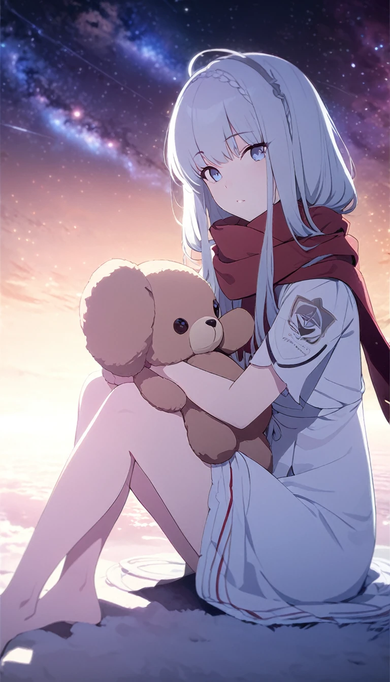 (((masterpiece))), (((best quality))),(((high detail))),light manipulation, girl with long silver hair, gradient purple to sky blue eyes, wearing a white dress, a red scarf, galaxy background, holding a teddy bear, feet, no footwear
