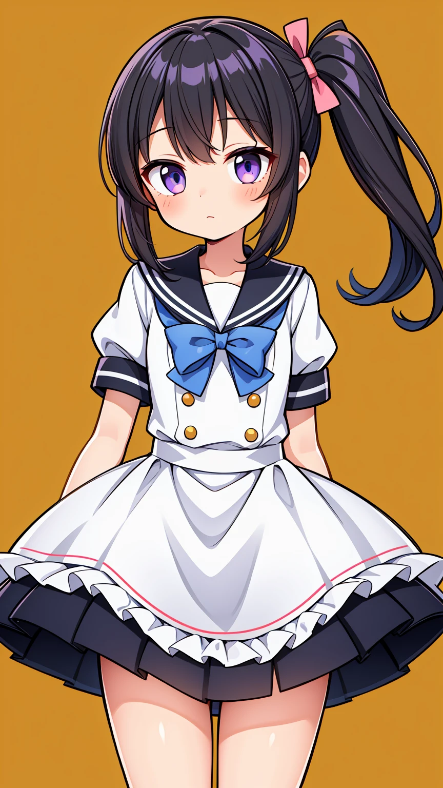 insanely detailed, absurdres, ultra-highres, ultra-detailed, best quality
BREAK
slender, kawaii, perfect symmetrical face, ultra cute girl, ultra cute face, ultra detailed eyes, ultra detailed hair, ultra cute, ultra beautiful
BREAK (High quality), (masterpiece), (very detailed), (dynamic lighting), (loli), girl, (very small bust), short black hair, hairstyle with a side ponytail, purple eyes, shy face, showing her thighs, on the school yard, sunny, camera angle from below, adorable eyes, (school uniform), detailed hands, more details, EasyNegativeV2