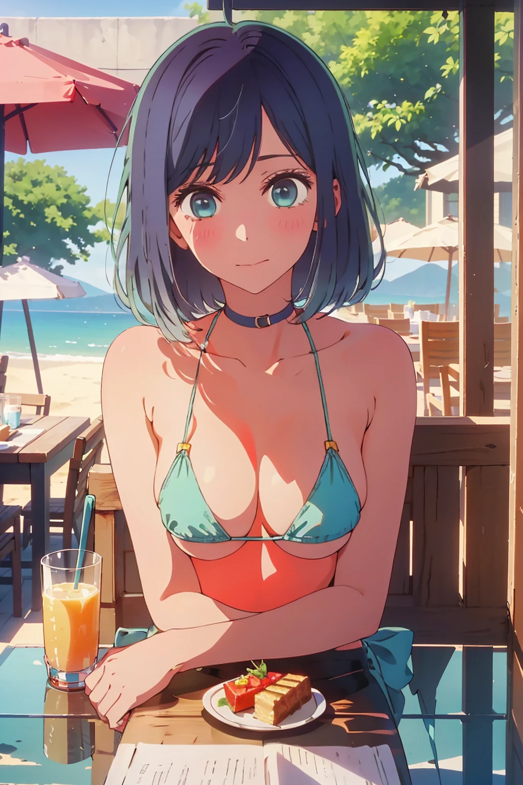 (Highest quality:1.4、masterpiece:1.uper detailed:1.4、8K:1.4)、((((1 person、Surprised expression、sit、Outdoor café terrace、coastal、juice、table、Sandy Beach、juiceのグラスを持つ、Micro Bikini、Very soft boog eyes、Very cute face))))、F cup bust、Medium breast、Uob、Sideboob