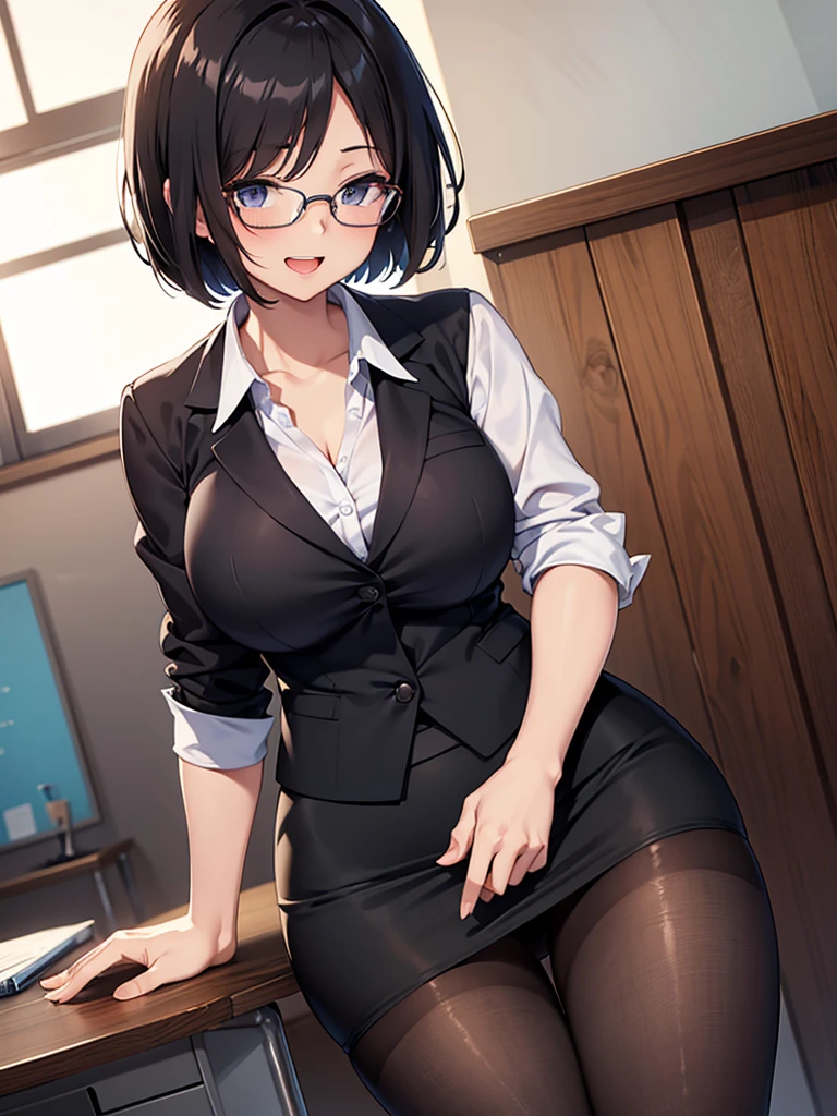 masterpiece, best quality, high definition images, atmospheric perspective, expressive eyes, perfect face, ultra detailed, solo, 1mature seductive woman showing panties on purpose,  kind smile, pinup, sexy pose, alluring pose, female teacher, black short bob hair, simple glasses, business suit, jacket, blouse, pencil skirt, tight mini skirt, lifting skirt, open legs, black panties, curvy, thighs, pantyhose, high heals, open mouth,  in study room,