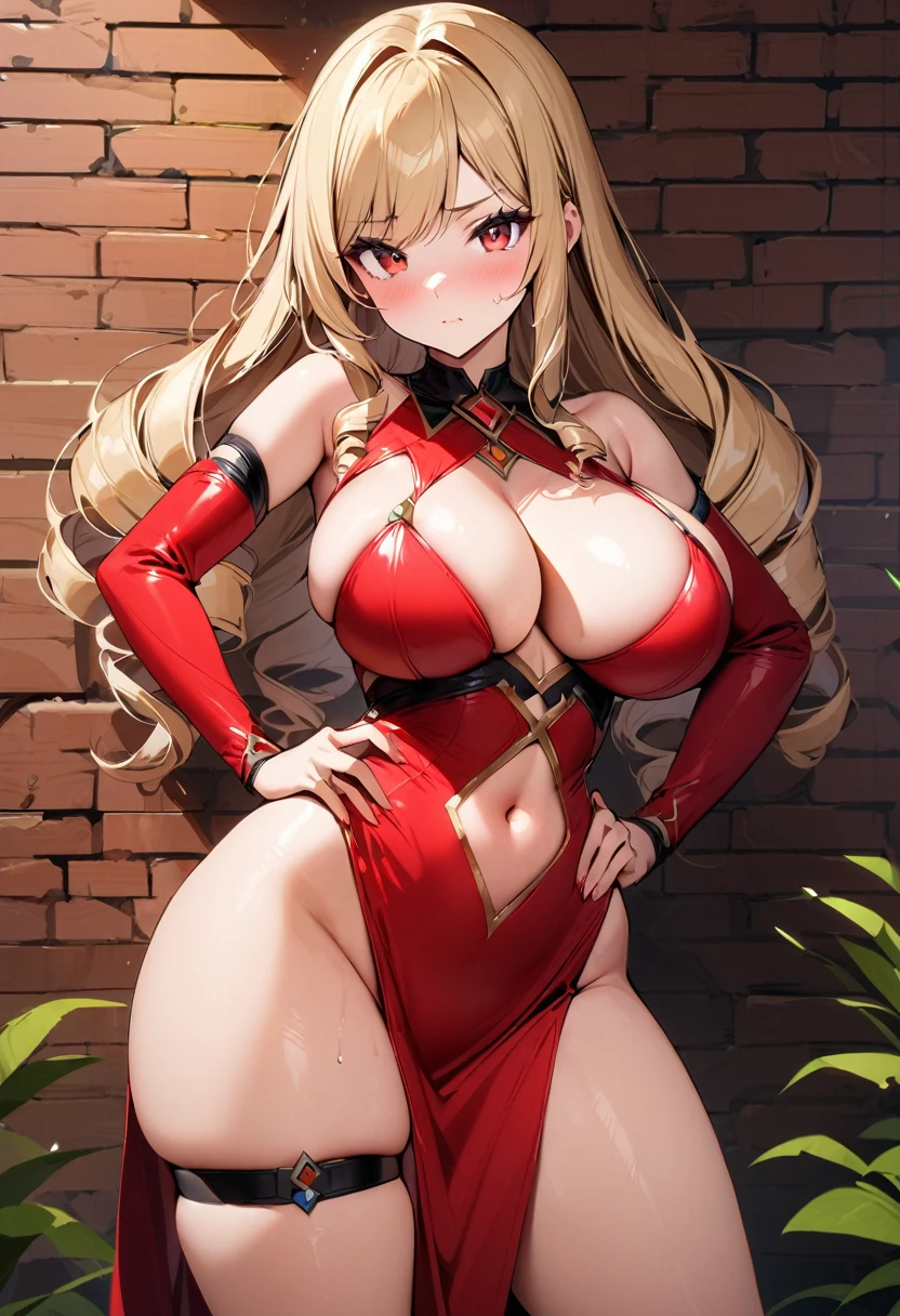 masterpiece, best quality, 1girl, bare_shoulders, blonde_hair, blush, breasts, brick_wall, center_opening, choker, cleavage, closed_mouth, clothing_cutout, detached_collar, detached_sleeves, dress, drill_hair, hand_on_own_hip, hands_on_own_hips, huge_breasts, jewelry, long_hair looking_at_viewer, looking_to_the_side, navel, navel_cutout, pelvic_curtain, red_dress, ((red_eyes)), revealing_clothes, skindentation, solo, strapless, strapless_dress, swept_bangs, thigh_strap, thighs
