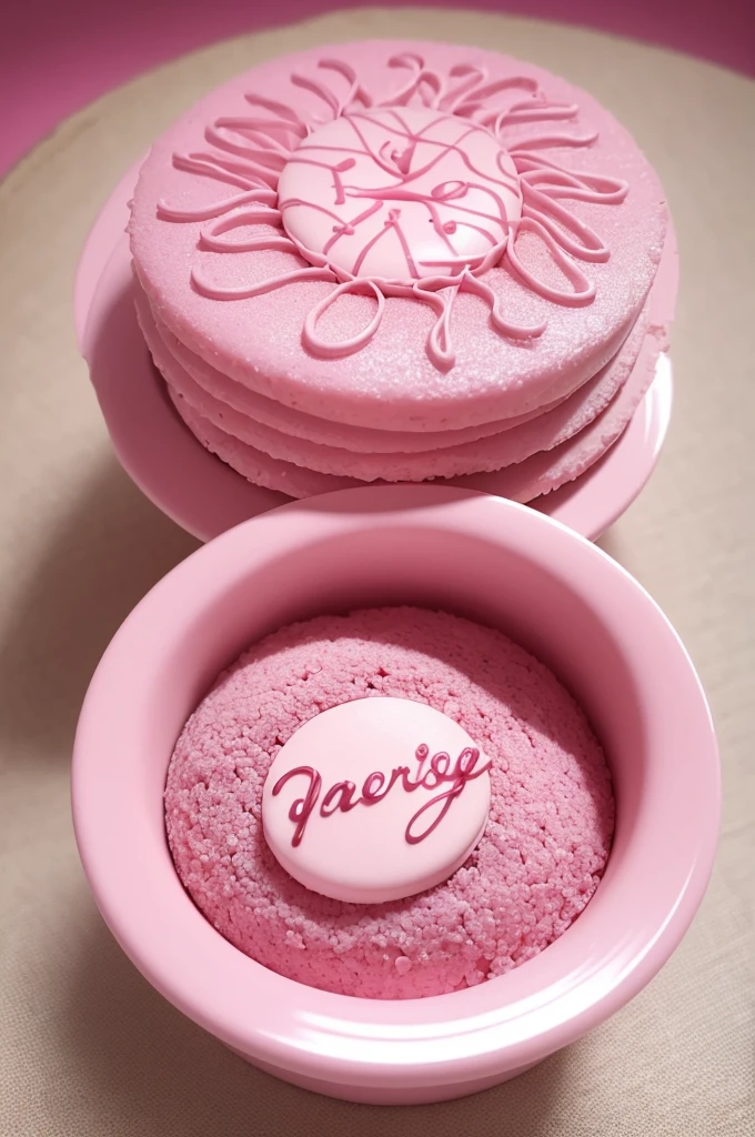 Create a logo in a pink circle with a light pink gradient, branches on the sides inside, written keyte Queiroz confectionery with brigadeiro on top