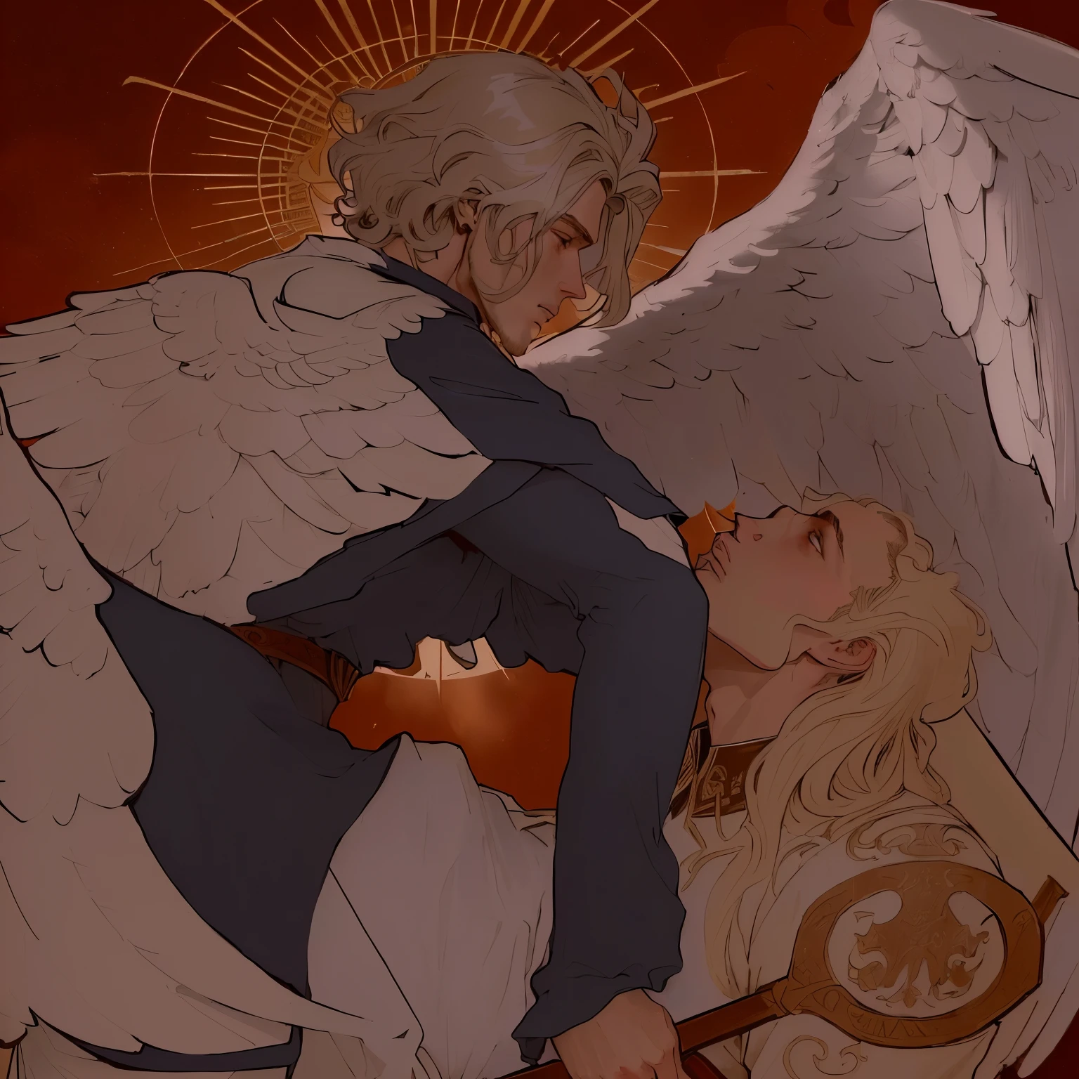 there is a drawing of a man riding a horse with an angel on it, eros and thanatos, angel protecting man, angel looking at demon, high resolution commission, Jesus Christ fighting Lucifer., inspired by Théophile Steinlen, By Shingei, inspired by j.C. Leyendecker, inspired by j. C. Leyendecker, britney lee
