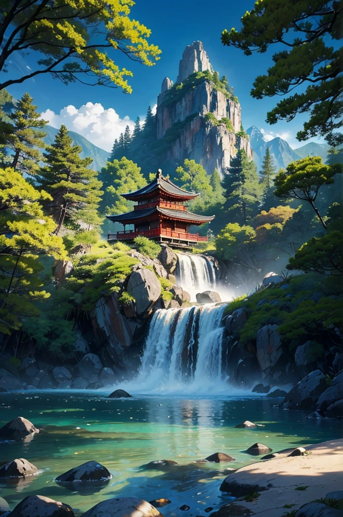 In the heart of a sacred mountain, rests a Japanese mystical zen garden. An ancient temple, shrouded in mist, crown the top of the mountain, radiating a serene and spiritual aura. The gentle wind whispers through the bamboos, who sway gracefully, while enchanted chimes resound with ethereal melodies, harmonizing with nature. A crystal clear lake, inhabited by colorful carp, reflects the serenity of the environment. A pure, crystal-clear stream of water runs smoothly, feeding a small island in the center of the lake, where a majestic maple tree stands, its red leaves shining like jewels in the dim daylight. a zen master, with a long beard and deep gaze, handles a rake with graceful movements, creating hypnotic patterns in the sand of the construction site, symbolizing the fluidity of the universe. Near the island, um shishi odoshi, an ingenious bamboo structure, beat rhythmically, echoing as a reminder of the fleeting time and impermanence of life. The small waterfall beside the lake sings its constant melody, providing a natural soundtrack to the scene. High above, The sky is gray and charged, with storm clouds approaching on the horizon. Lightning occasionally illuminates the shadows, and the distant sound of thunder reverberates across the mountains, as if the gods were whispering ancient secrets. The mystical energy of the place is palpable, and every element seems to be in perfect sync, creating a feeling of deep, contemplative peace, inviting everyone who arrives there to an inner journey of reflection and spiritual enlightenment.