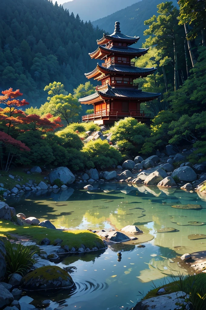 In the heart of a sacred mountain, rests a Japanese mystical zen garden. An ancient temple, shrouded in mist, crown the top of the mountain, radiating a serene and spiritual aura. The gentle wind whispers through the bamboos, who sway gracefully, while enchanted chimes resound with ethereal melodies, harmonizing with nature. A crystal clear lake, inhabited by colorful carp, reflects the serenity of the environment. A pure, crystal-clear stream of water runs smoothly, feeding a small island in the center of the lake, where a majestic maple tree stands, its red leaves shining like jewels in the dim daylight. a zen master, with a long beard and deep gaze, handles a rake with graceful movements, creating hypnotic patterns in the sand of the construction site, symbolizing the fluidity of the universe. Near the island, um shishi odoshi, an ingenious bamboo structure, beat rhythmically, echoing as a reminder of the fleeting time and impermanence of life. The small waterfall beside the lake sings its constant melody, providing a natural soundtrack to the scene. High above, The sky is gray and charged, with storm clouds approaching on the horizon. Lightning occasionally illuminates the shadows, and the distant sound of thunder reverberates across the mountains, as if the gods were whispering ancient secrets. The mystical energy of the place is palpable, and every element seems to be in perfect sync, creating a feeling of deep, contemplative peace, inviting everyone who arrives there to an inner journey of reflection and spiritual enlightenment.