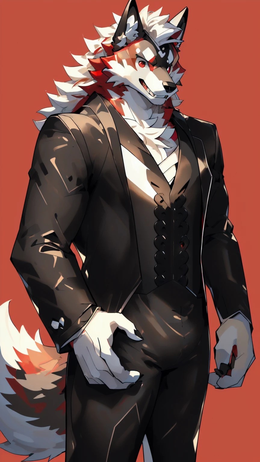Orange background,high resolution,4K,masterpiece,high quality,35 years old,((Wolfdog)),male,((whole body:1.4,Strike a pose:1.5,Mature:1.3,Smiling face:1.4)),WolfdogFurry,(Uncle figure:1.5,hairy),((Moderate:1.2)),((Strong body:1.5,Long legs:1.3,big ear:1.3,Thick long tail,(((White and black suit 1:3))),(((White hair:1.4,Red hair:1.2,muscle:1.4,Red eyes:1.4,White chest:1.6,White belly:1.6,Red back of hand:1.4,Red and white tail:1.3))),Delicate eyes:1.6,Fine details,Detailed body,(Detailed hand details:1.4)