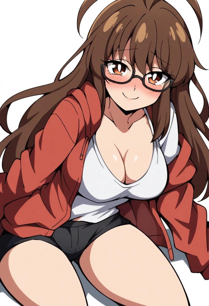 (mix1), anime art style, 2d, masterpiece, best quality, very aesthetic, absurdres, dynamic shadows, atmosferic, (1girl), (brown hair), antenna hair, long hair, brown eyes, eyeslashes, detailed eyes, glasses, ahoge, bangs, medium breasts, cleavage, collarbone, makeup, intense blush, red hoodie, white shirt, black minishorts, brown boots, open clothes, sexy smile, on side, lying, (cowboy shot), from front, looking at viewer, simple background, ((white background))