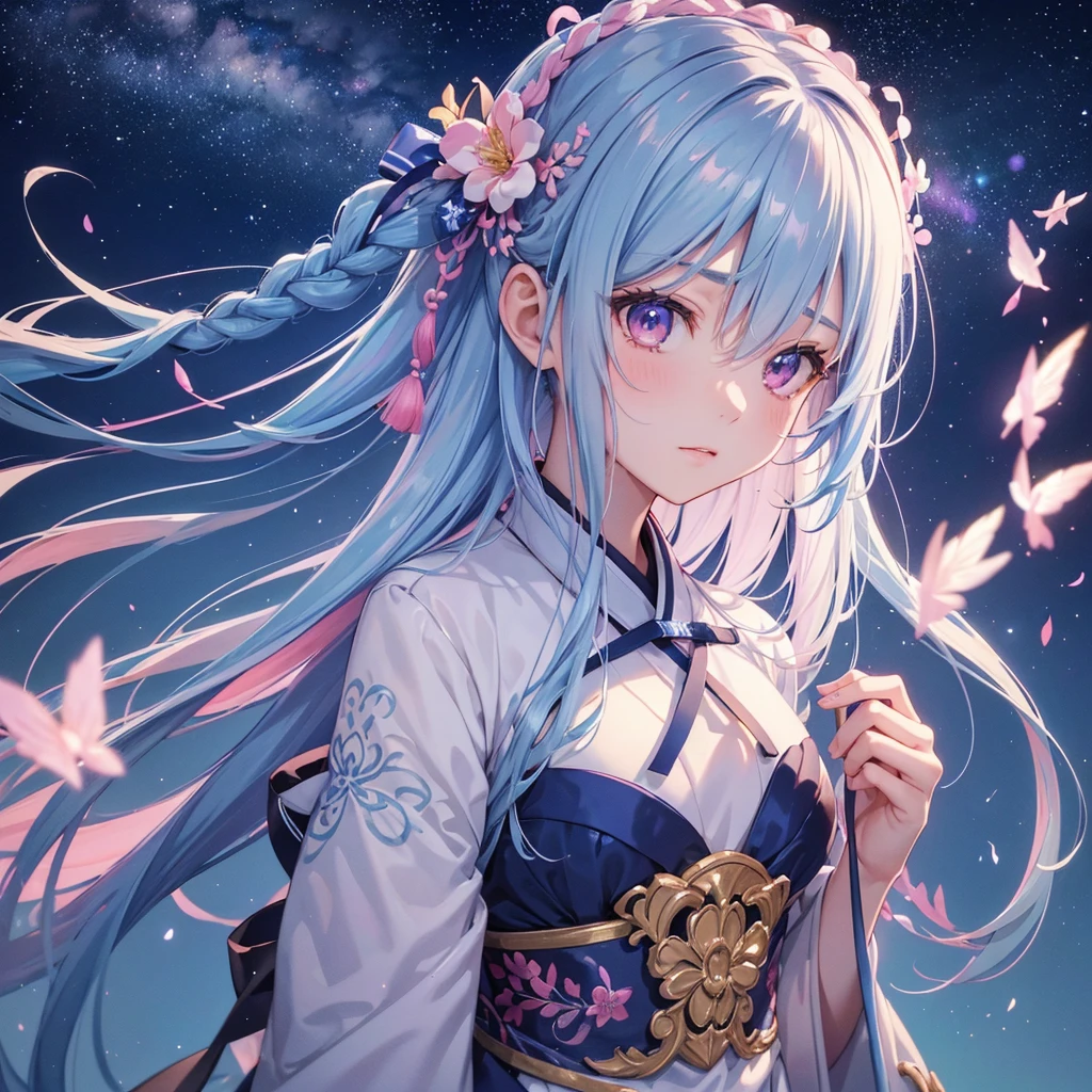 Sky blue hair,braid hair,Pink Eyes,Fair skin ,(whole body),(One girl),Hanfu,Tanabata,(The beautiful, sparkling Milky Way in the night sky),Lonely Eyes,,(masterpiece, Highest quality, Very detailed, Best Shadow), (Detailed Background), (Beautifully detailed face), High Contrast, (Best lighting, Very delicate and beautiful), ((Cinematic Light)), colorful, Hyper Detail, Dramatic Light, Intricate details,