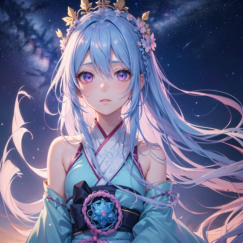 Sky blue hair,braid hair,Pink Eyes,Fair skin ,(whole body),(One girl),Hanfu,Tanabata,(The beautiful, sparkling Milky Way in the night sky),Lonely Eyes,,(masterpiece, Highest quality, Very detailed, Best Shadow), (Detailed Background), (Beautifully detailed face), High Contrast, (Best lighting, Very delicate and beautiful), ((Cinematic Light)), colorful, Hyper Detail, Dramatic Light, Intricate details,
