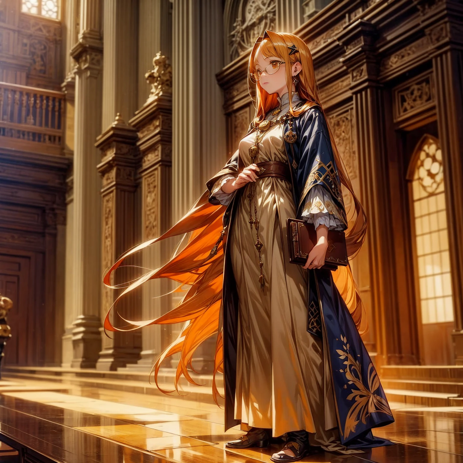 1girl, Full body version, 1character, girl version, almond eyes, long haircut, orange colour hair, sad eyes, glasses, medieval style clothing, gold book in hand, background in indoor Library castle, motion blur, (Hunter x Hunter art), standing gesture